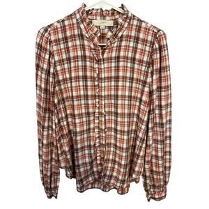 Loft Plaid Ruffle Cottagecore Button Front Blouse Size Small‎